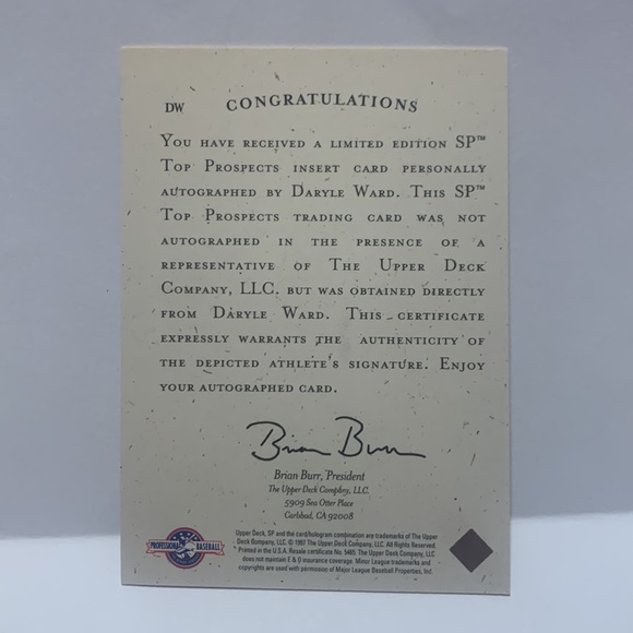 1998 SP Top Prospects Daryle Ward-Autographs #DW (017) - Picture 2 of 2